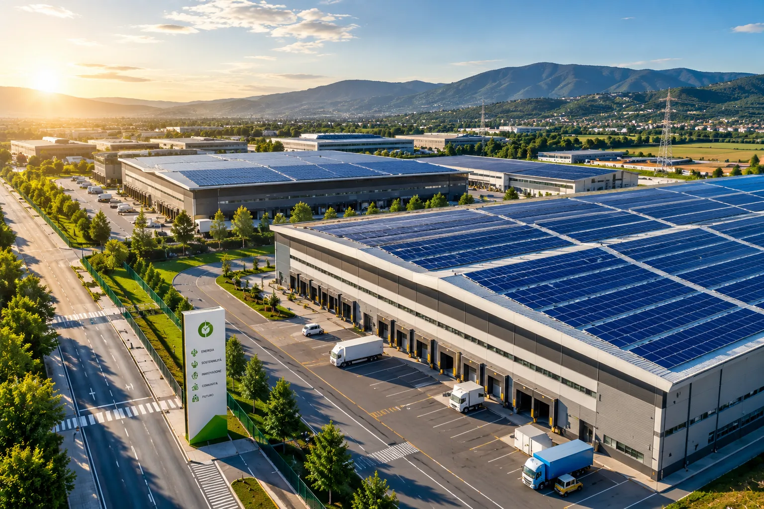 E-360 Suite | Il Prosumer Industriale nelle CER: trasformare il capannone in una risorsa energetica Veduta aerea di un distretto industriale con tetti coperti di pannelli fotovoltaici per Comunità Energetiche