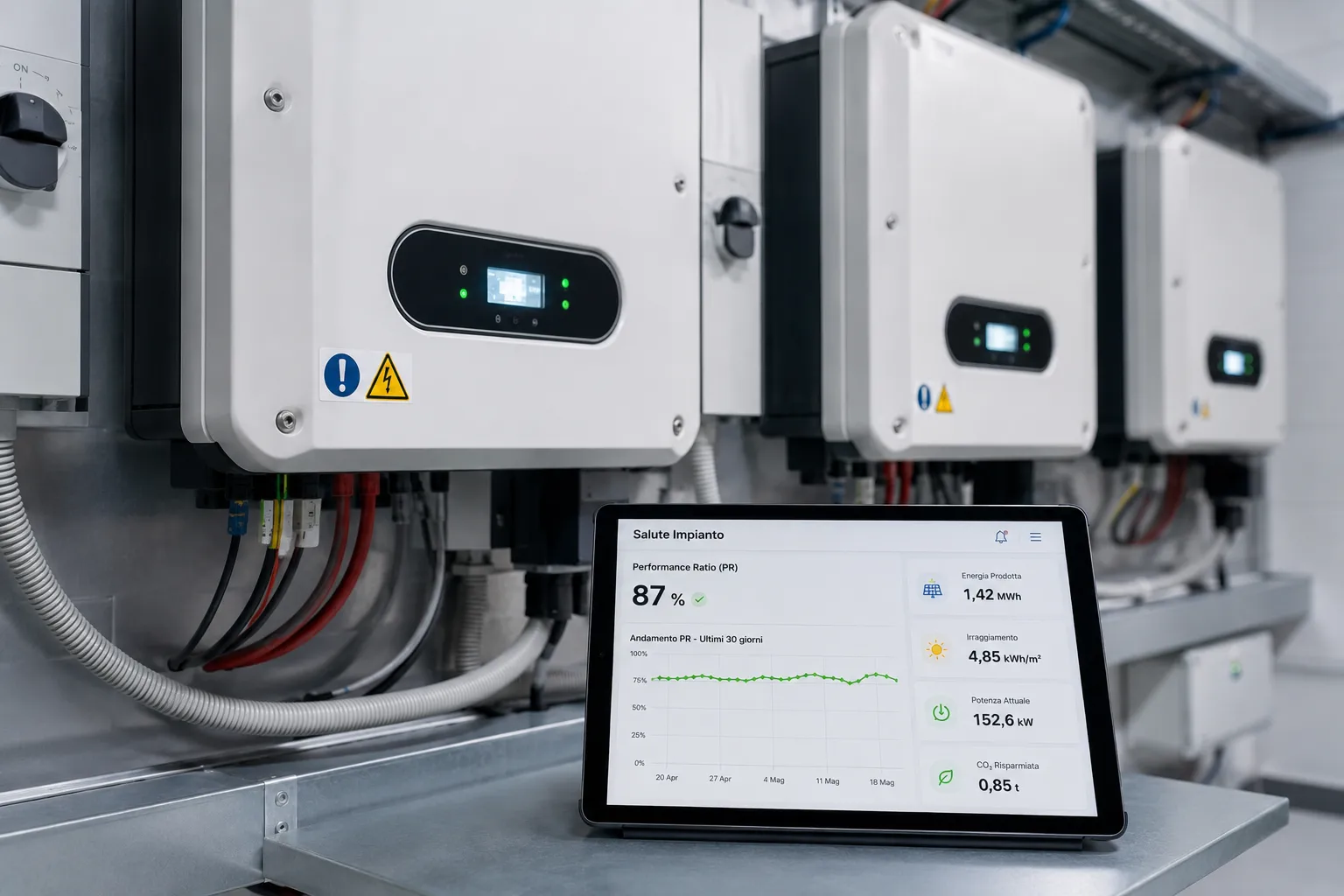 E-360 Suite | Manutenzione impianti fotovoltaici: il segreto per la redditività delle CER Inverter fotovoltaico moderno con tablet che mostra il monitoraggio delle prestazioni energetiche