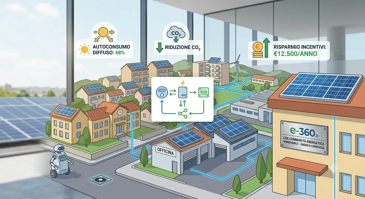 Rappresentazione concettuale di un distretto urbano connesso in una comunità energetica con grafici di autoconsumo diffuso e riduzione CO2