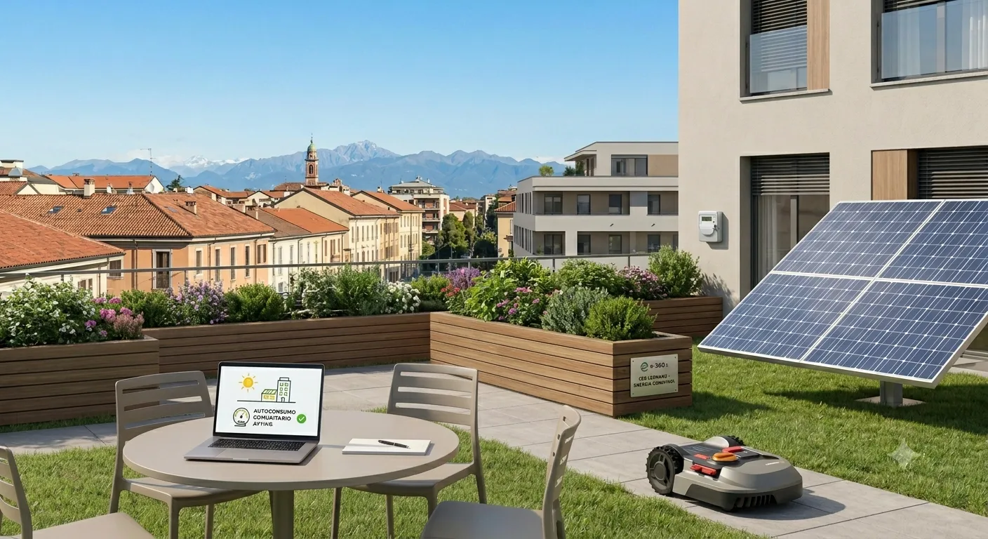 Una terrazza residenziale moderna con pannello fotovoltaico, smart meter a parete e un laptop aperto che mostra grafici di autoconsumo diffuso