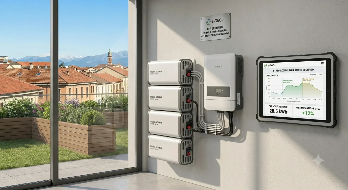 Un sistema di accumulo a batterie modulari per fotovoltaico installato a parete con inverter e tablet di monitoraggio dei flussi energetici