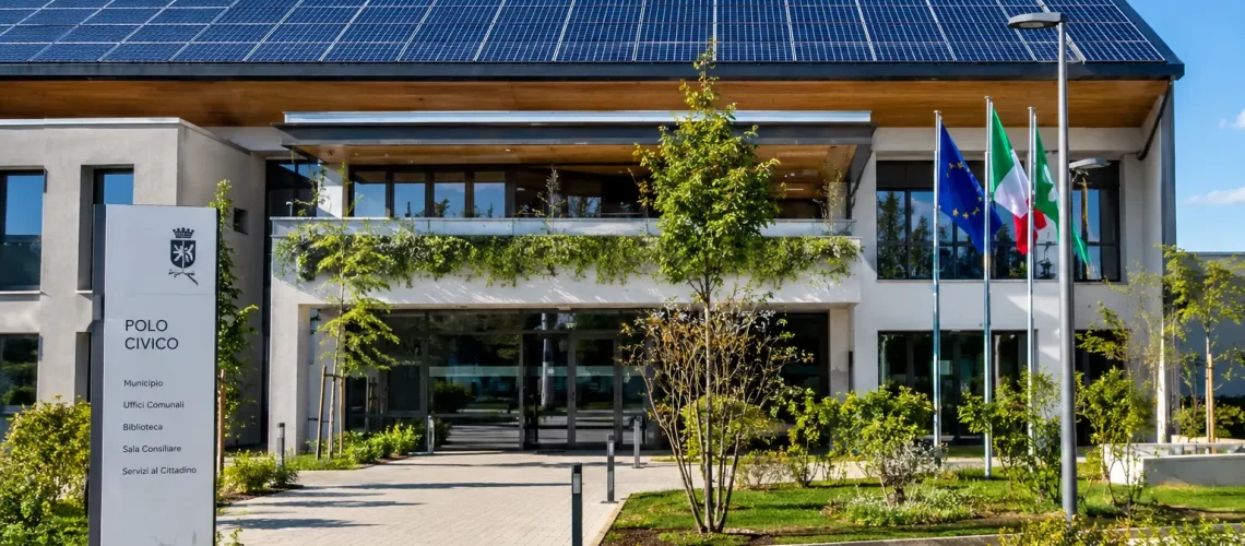 Edificio pubblico moderno con tetto fotovoltaico, rappresentazione dell'impegno del Comune per le Comunità Energetiche
