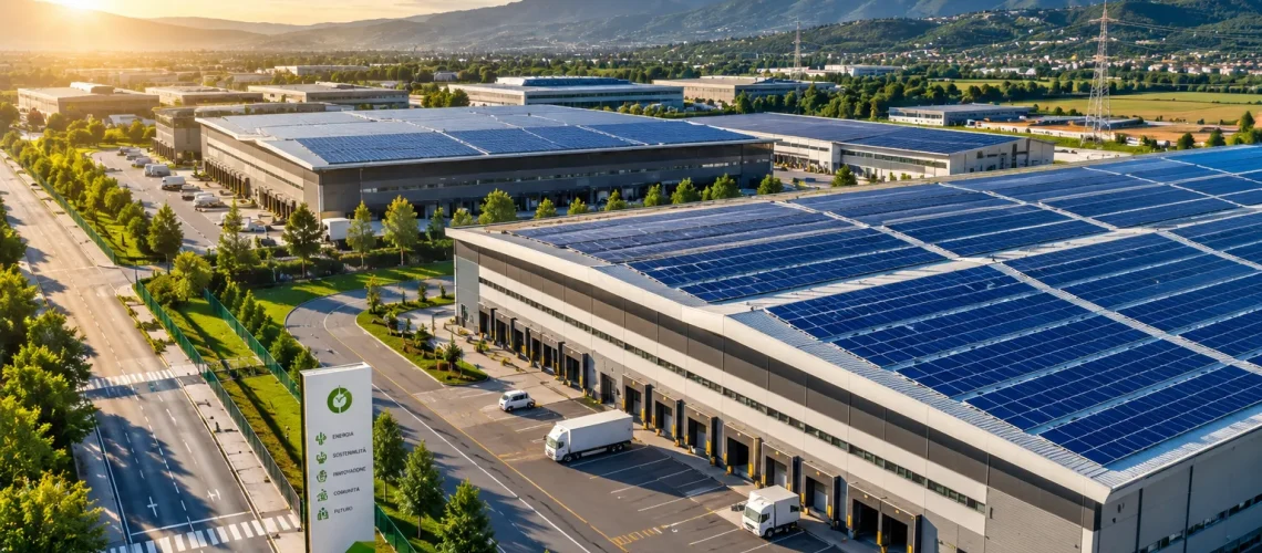 Veduta aerea di un distretto industriale con tetti coperti di pannelli fotovoltaici per Comunità Energetiche