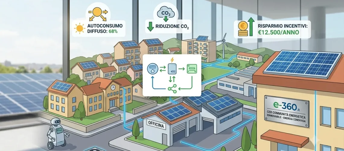 Rappresentazione concettuale di un distretto urbano connesso in una comunità energetica con grafici di autoconsumo diffuso e riduzione CO2