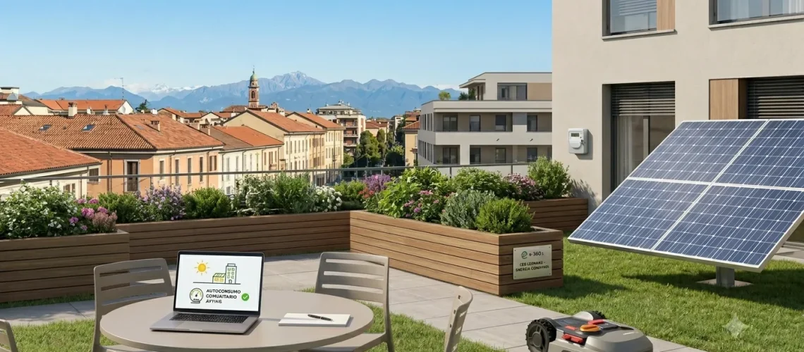 Una terrazza residenziale moderna con pannello fotovoltaico, smart meter a parete e un laptop aperto che mostra grafici di autoconsumo diffuso