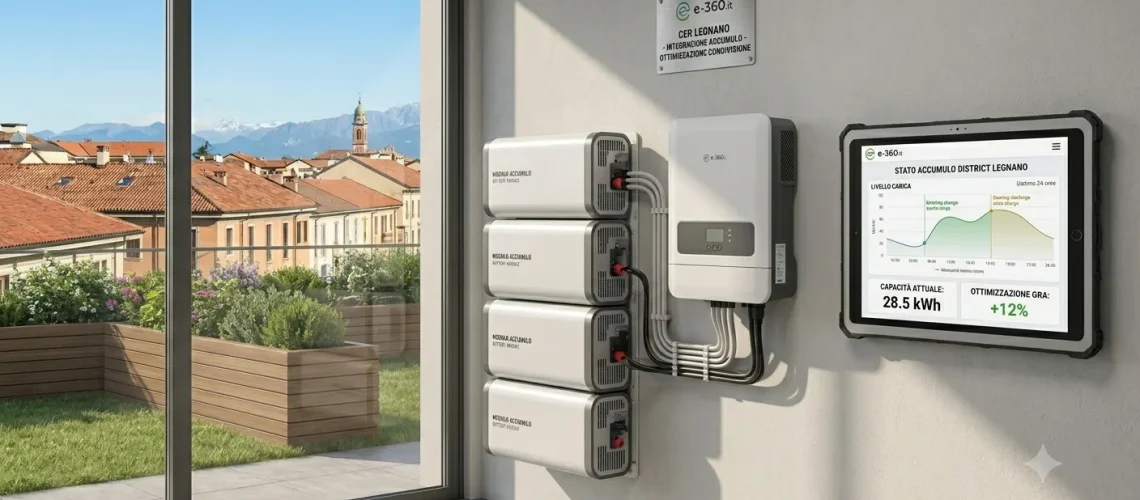 Un sistema di accumulo a batterie modulari per fotovoltaico installato a parete con inverter e tablet di monitoraggio dei flussi energetici